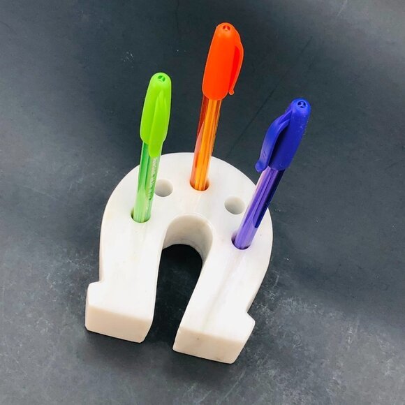 Vintage White Marble Horseshoe Pencil Holder Natural Stone Desktop Organizer - Picture 2 of 12